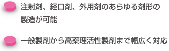 注射剤、経口剤、外用剤のあらゆる剤形の製造が可能 / 一般製剤から高薬理活性製剤まで幅広く対応